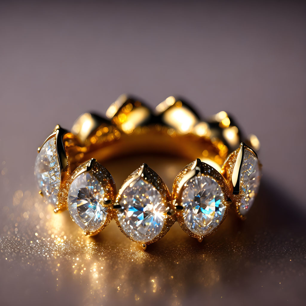 Pear-shaped diamond gold ring on glittery surface with warm background.