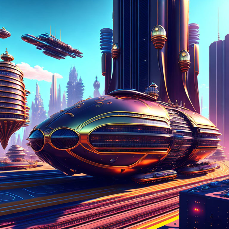 Futuristic cityscape with flying vehicles, skyscrapers, and sleek ship