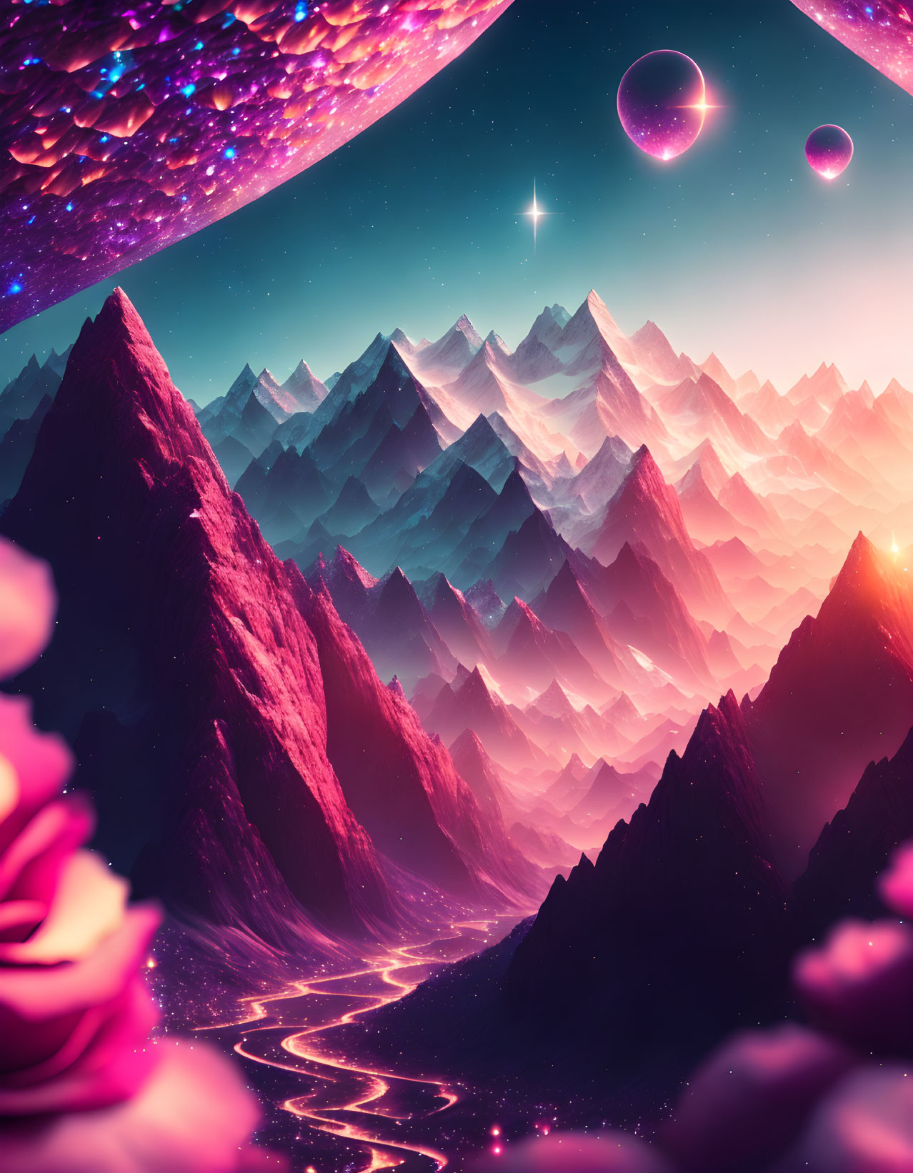 Fantasy landscape with pink and blue mountains, starry sky, planets, roses, and winding path