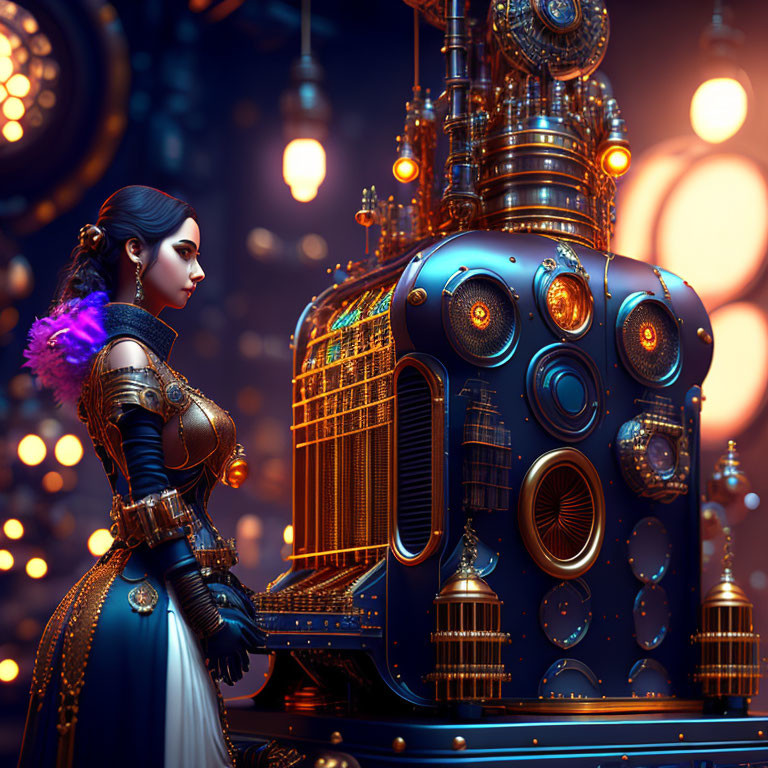 Woman in Steampunk Attire Next to Elaborate Machine