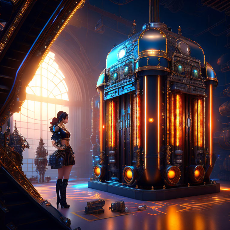 Steampunk-themed woman admires glowing machine in industrial room