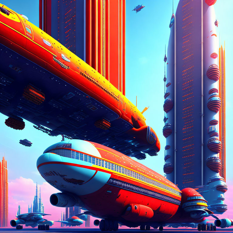 Futuristic cityscape with skyscrapers and flying vehicles in vibrant blue sky