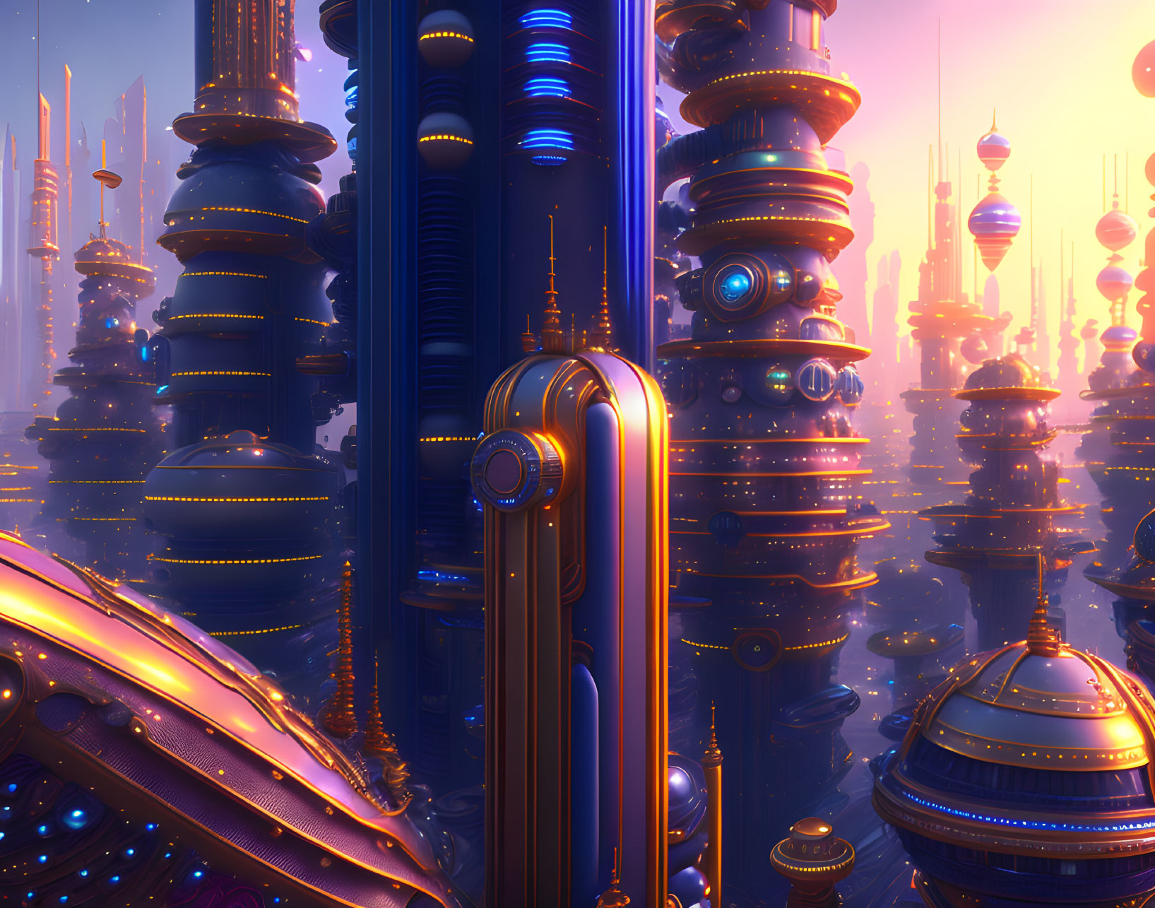 Futuristic cityscape with metallic skyscrapers and glowing windows