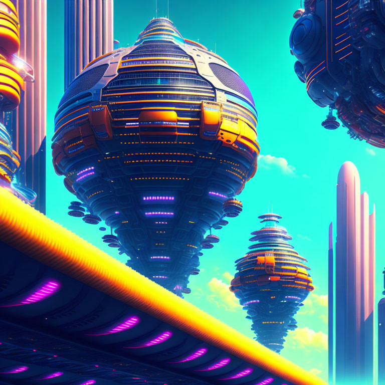 Futuristic Cityscape with Floating Spherical Structures and Tall Pillars