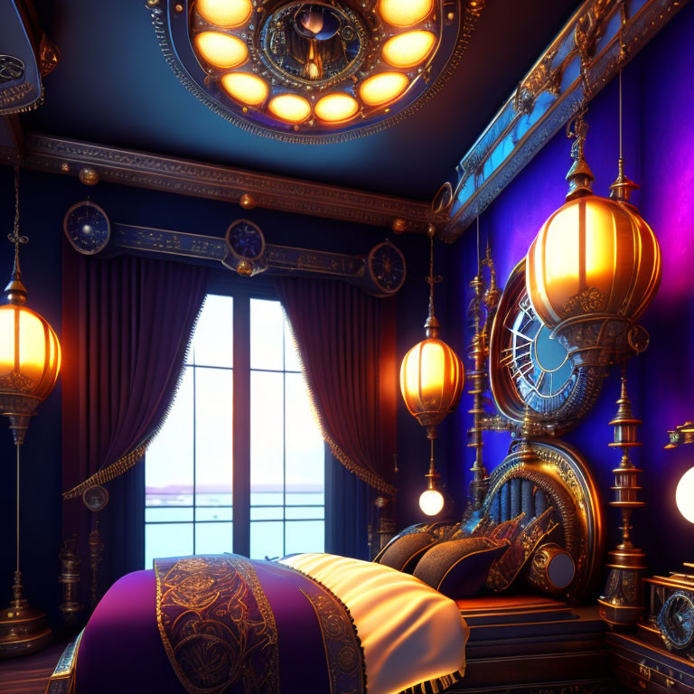 Elegant Vintage Bedroom with Gold and Purple Decor