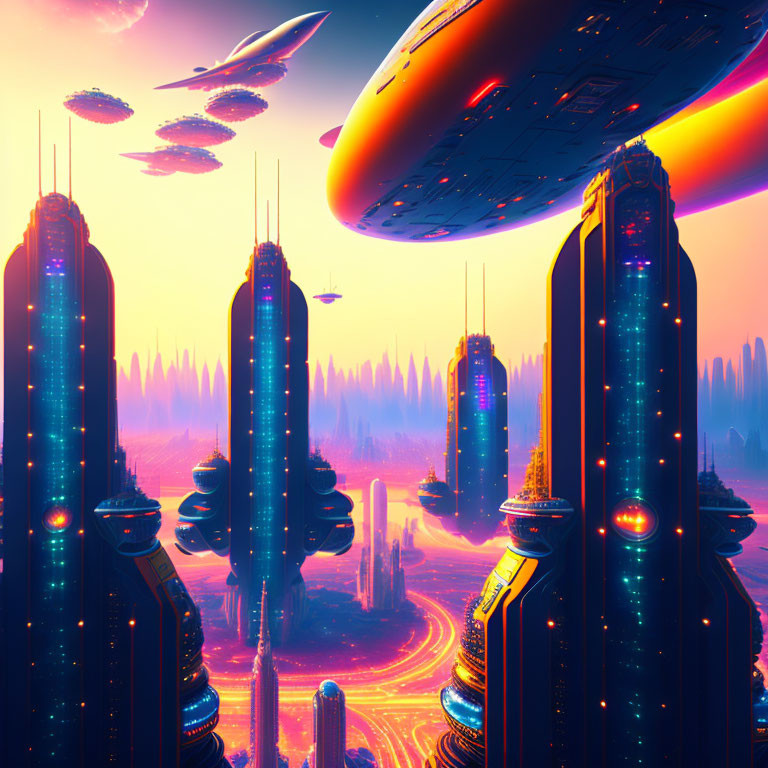 Futuristic cityscape with skyscrapers, flying vehicles, and hovering spaceship