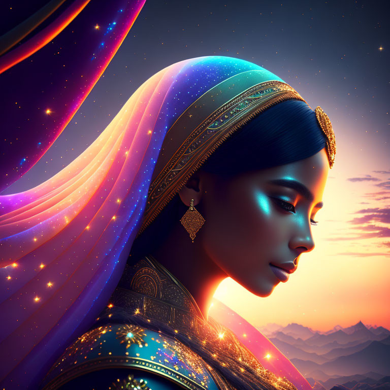 Digital art portrait of woman in ornate attire against starry twilight sky