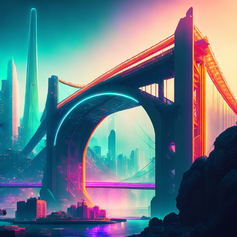 Futuristic twilight cityscape with neon-lit bridge and vibrant colors