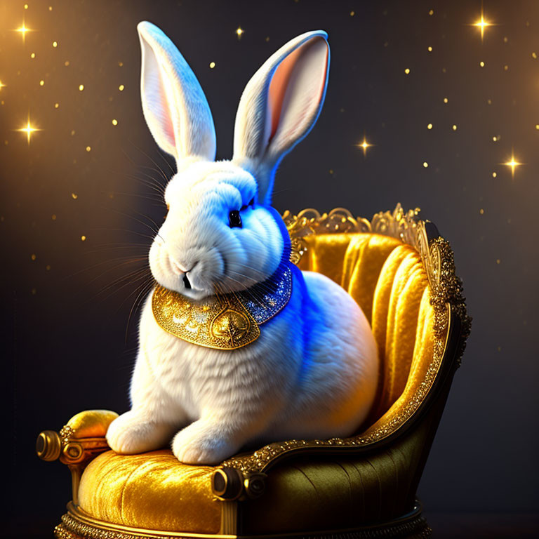 White Rabbit with Golden Necklace on Golden Throne in Starry Setting