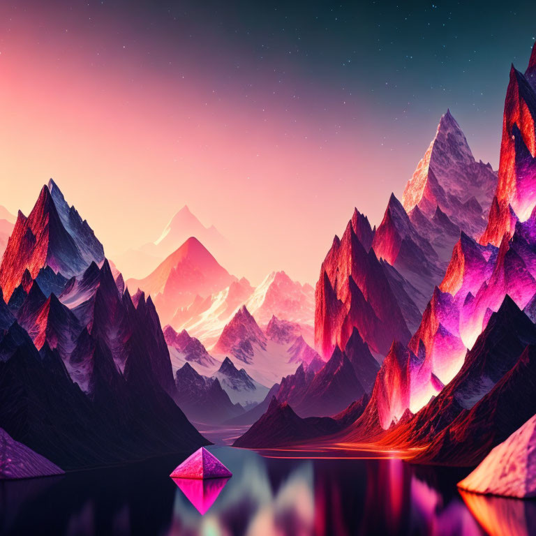 Digital Art: Purple Mountain Peaks, Starry Sky, Pink Crystal, Reflective Lake