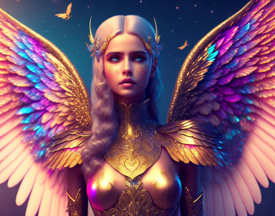 Fantastical digital artwork: Winged female in golden armor under starry sky