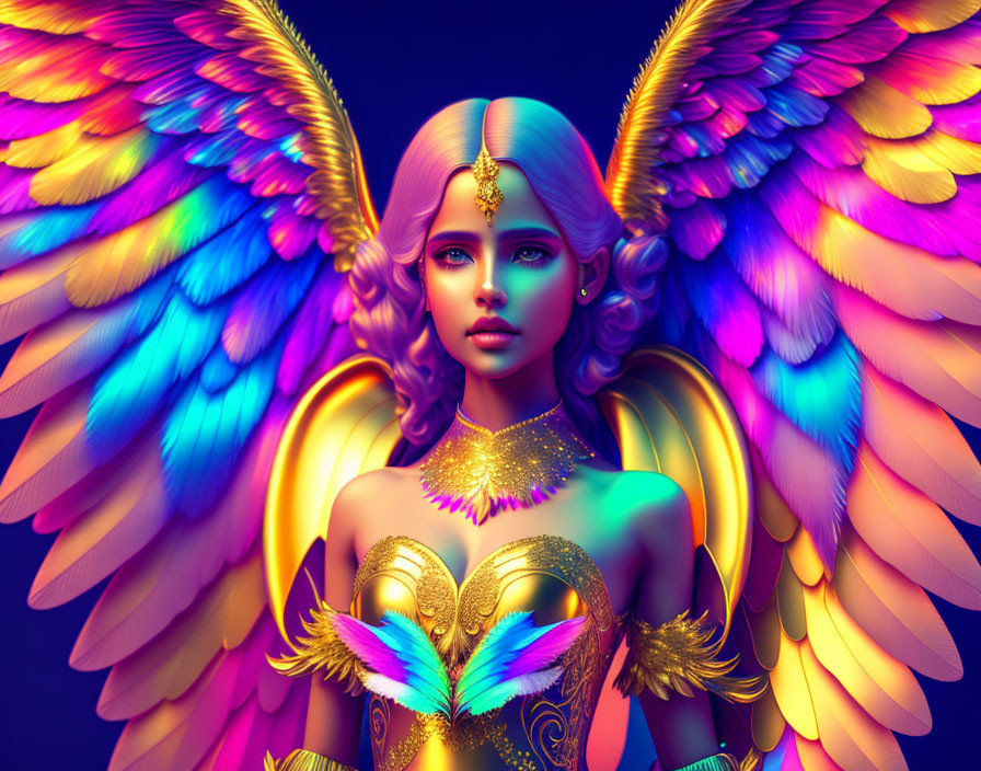 Colorful winged fantasy figure with blue hair and gold accents.