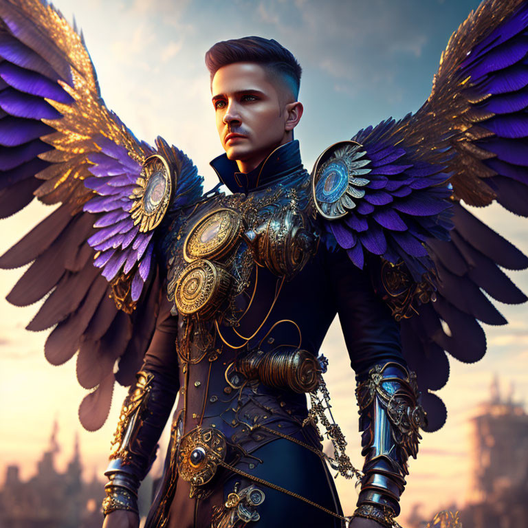 Steampunk-themed character with mechanical wings at sunset