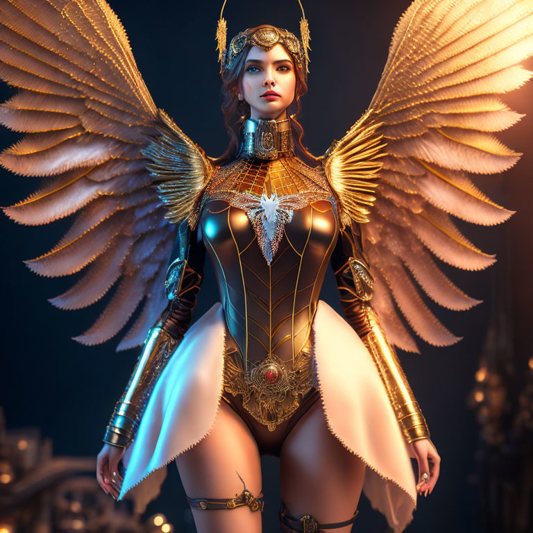 Fantasy digital artwork of woman in ornate armor with golden wings