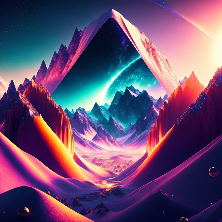 Vibrant Pink and Purple Surreal Landscape with Mountains and Nebula