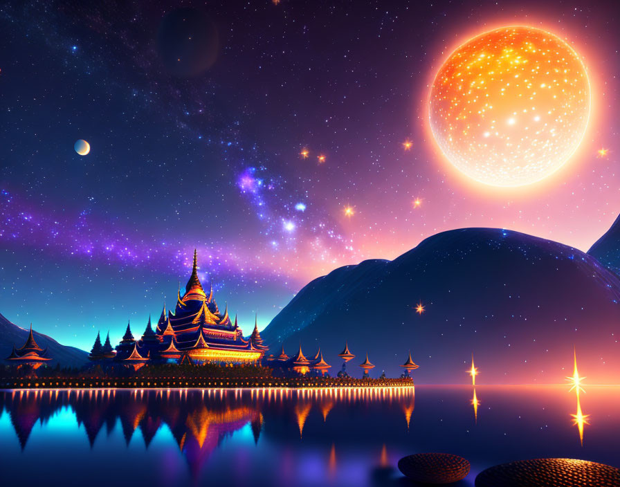 Fantastical landscape with oversized moon, starry sky, temple reflection, and floating orbs.