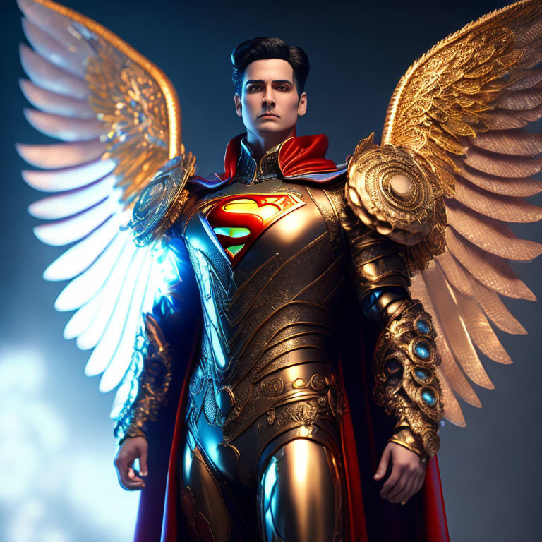 Majestic angelic Superman with luminous wings and golden armor