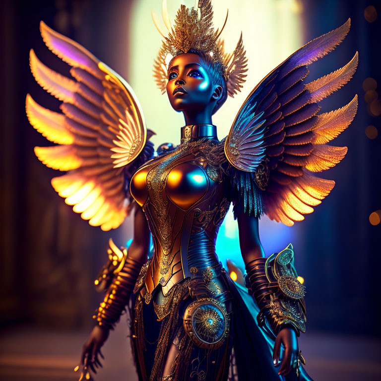 Golden-winged figure in ornate armor exudes power and elegance.