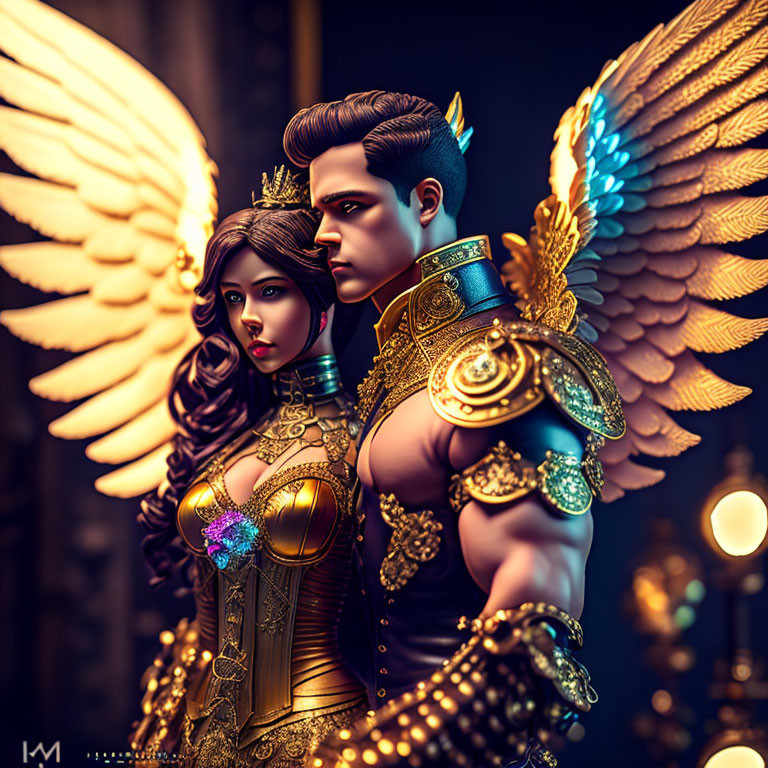 Stylized figures in golden armor embrace on dark background