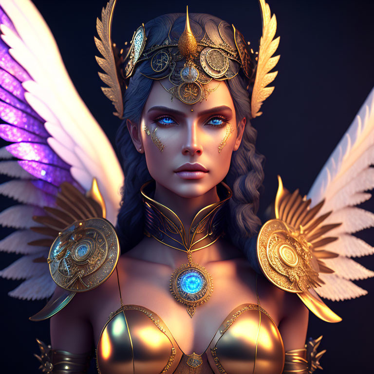 Fantasy warrior woman digital art portrait with golden armor and angel wings