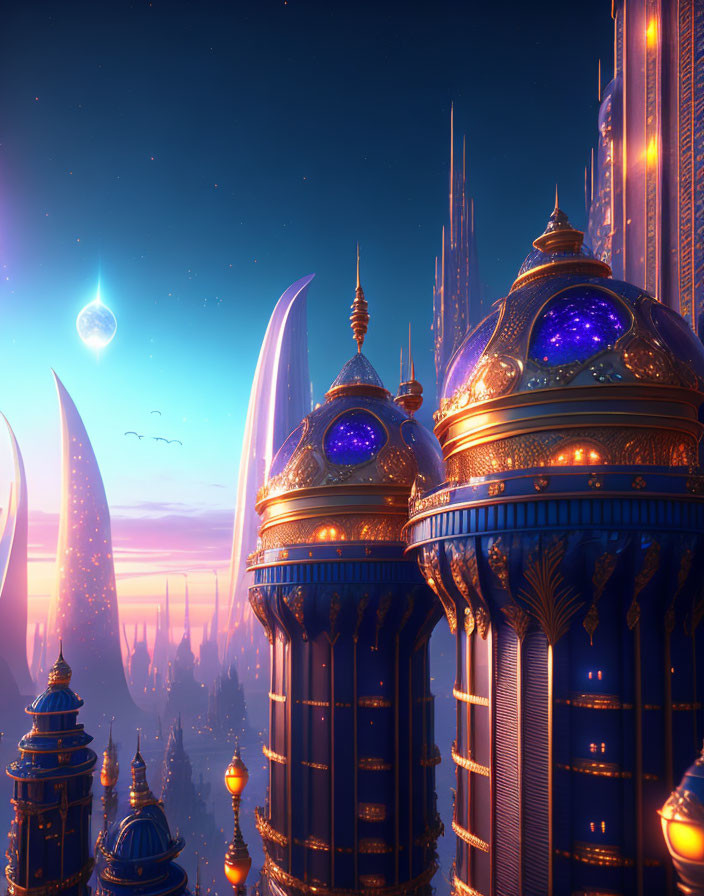 Ornate domes in fantastical city under twilight sky