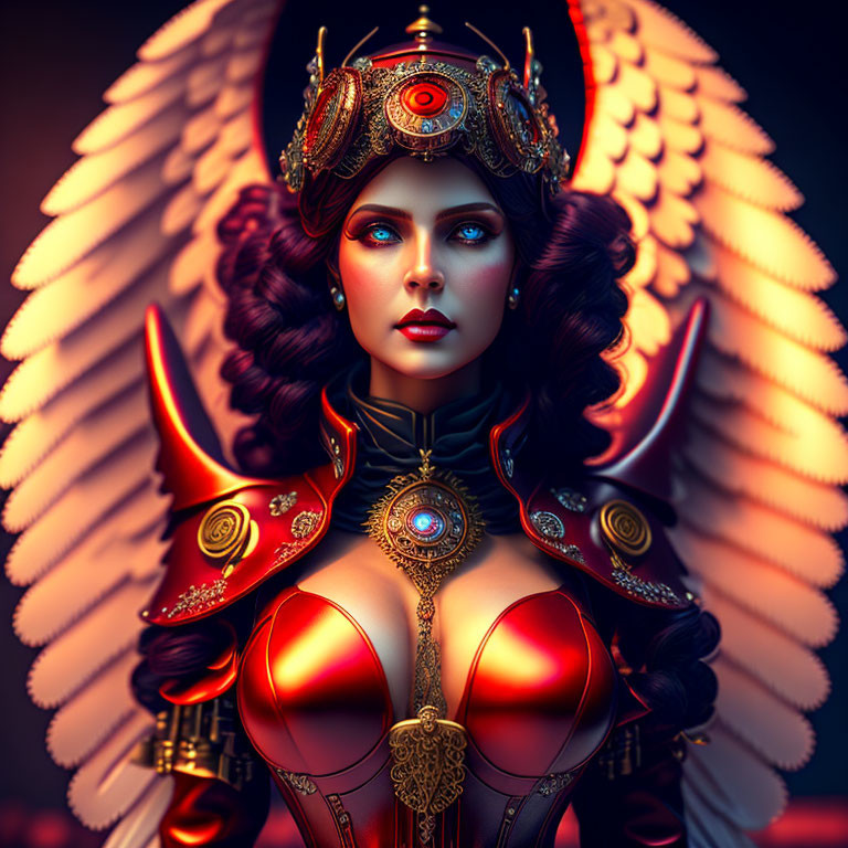 Fantastical digital art: Woman in ornate armor with blue eyes and avian motifs