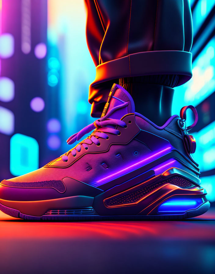 Stylish sneaker with LED lights on neon-lit urban backdrop