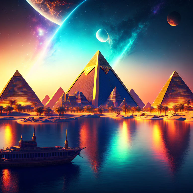 Egyptian landscape with pyramids, river, and cosmic sky at sunset