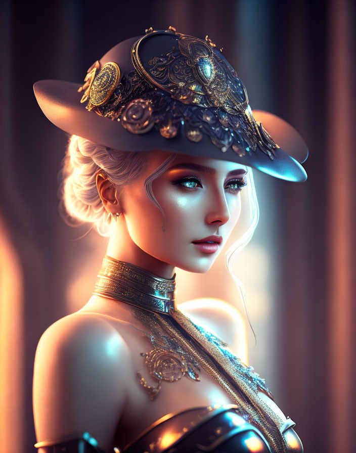 Portrait of woman with pale skin, blue eyes, white hair, ornate hat, and metallic neck