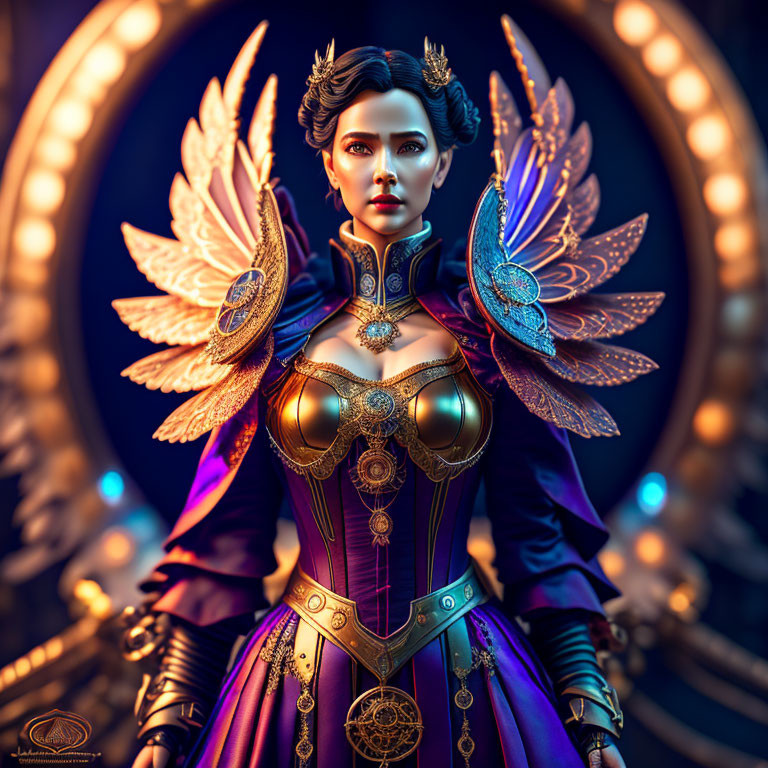 Digital artwork of a woman in regal armor with angelic wings and gold accents.