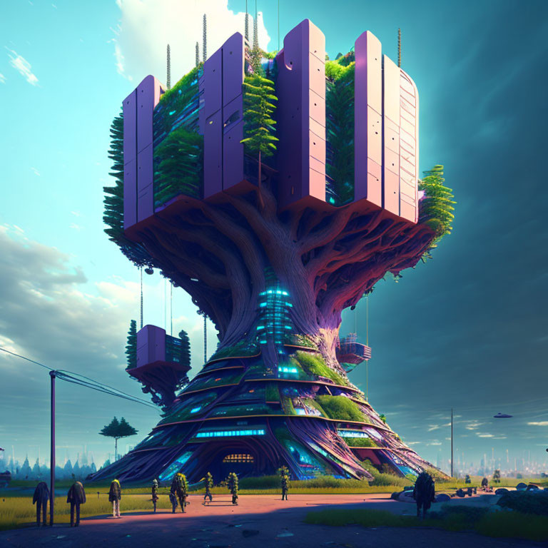 Futuristic city building fused with colossal tree under dramatic dusk sky