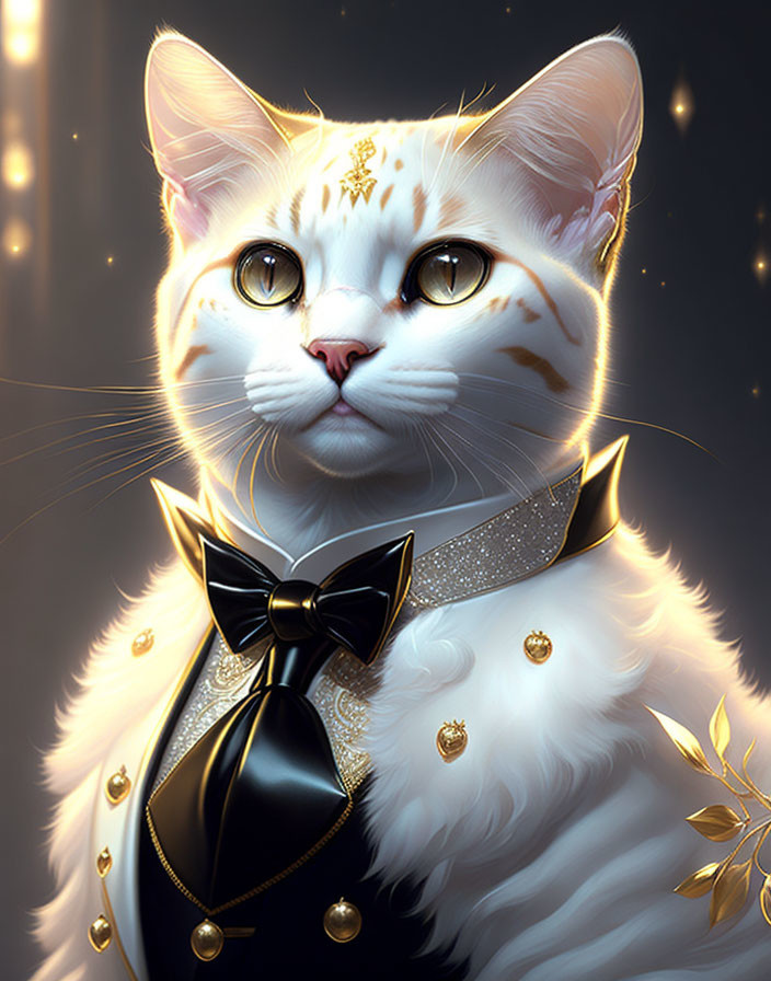 White Cat in Black Tuxedo with Golden Accents Against Glowing Background