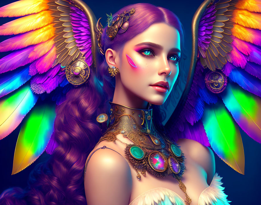 Colorful woman with rainbow wings and gold jewelry on blue background