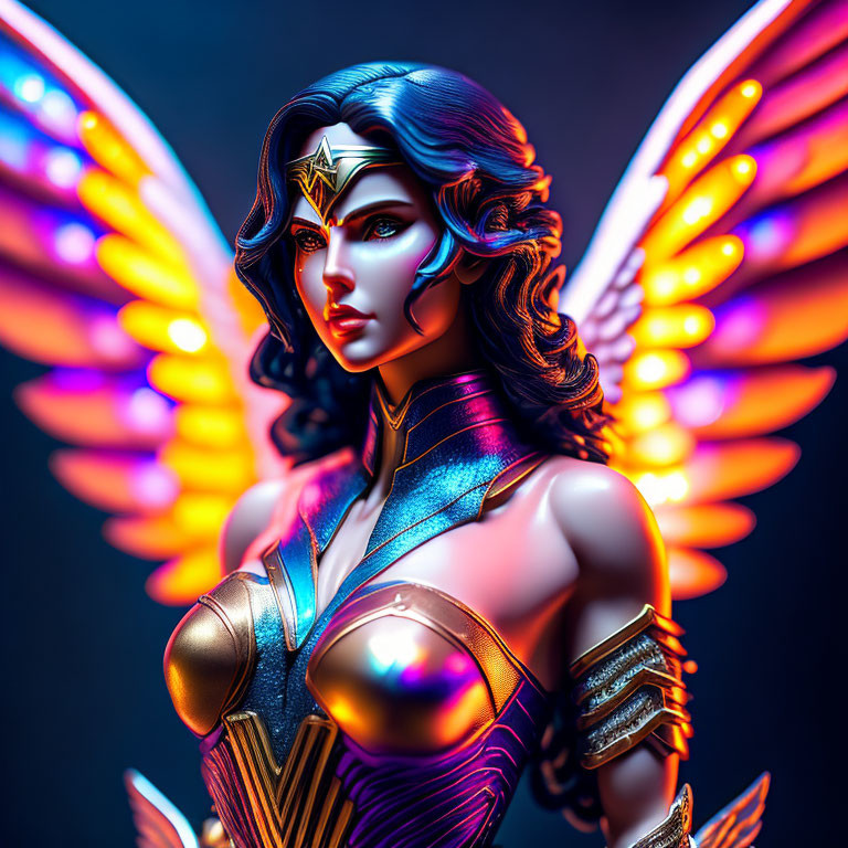 Female superhero with wings and detailed armor on dark background