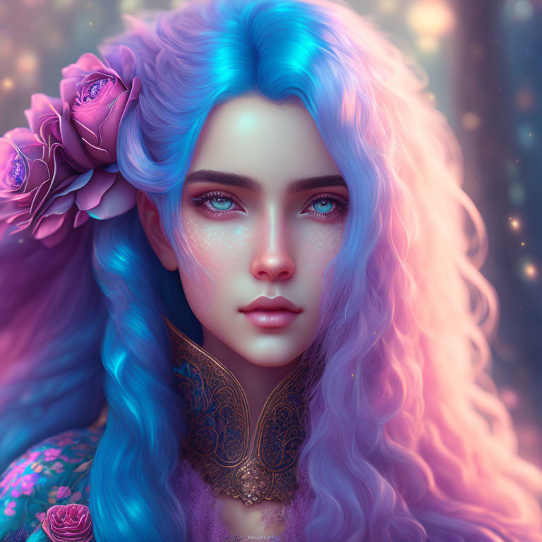 Fantasy portrait of female with blue-violet hair, roses, sparkling skin, and starry backdrop