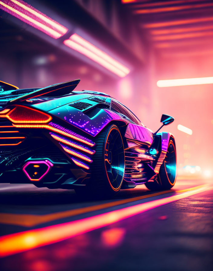 Futuristic car with neon lights in cyberpunk urban alleyway