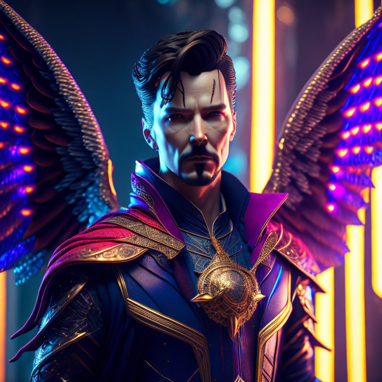 Male character with goatee in mystical blue and gold costume with angelic wings.