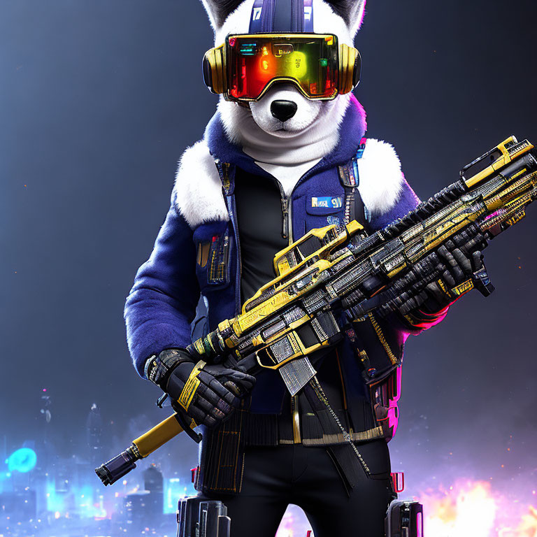 Futuristic anthropomorphic fox with high-tech weapon in neon cityscape