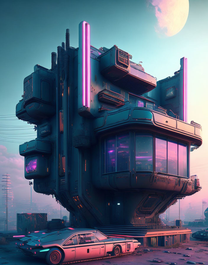 Futuristic cyberpunk building with neon accents, retro car, and pink moon.