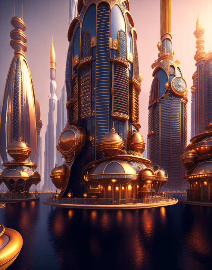 Futuristic cityscape with golden and blue high-rise buildings near water