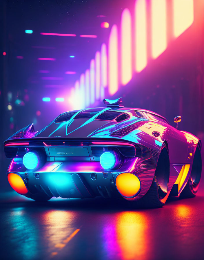 Futuristic sports car with neon lights on cyberpunk street