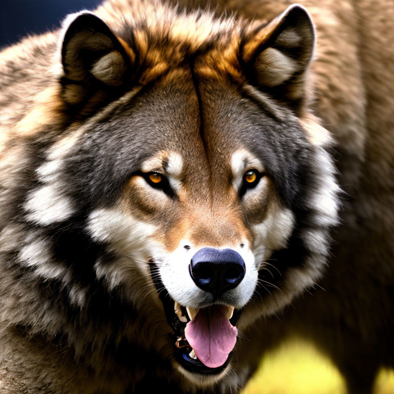 Detailed Close-Up of Brown and Grey Wolf with Amber Eyes