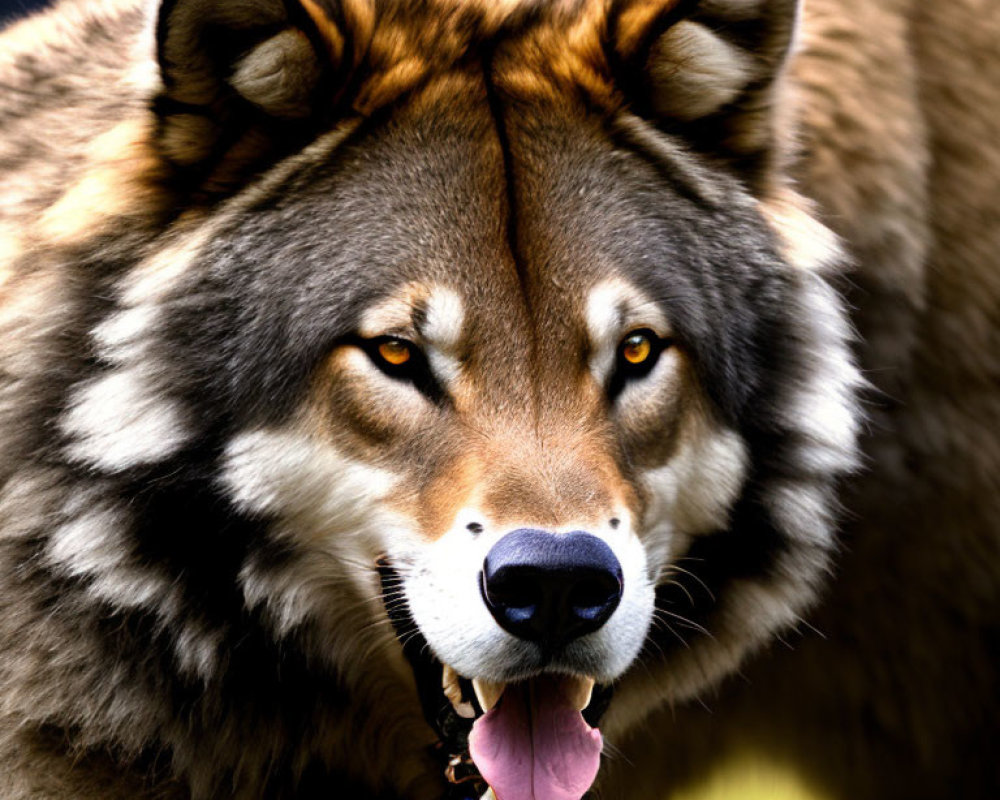 Detailed Close-Up of Brown and Grey Wolf with Amber Eyes