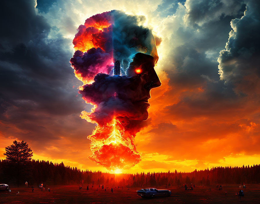 Explosion-shaped human profile against sunset sky with onlookers and vehicles