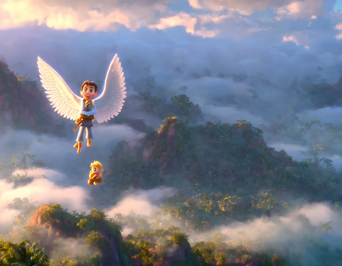 Winged animated character flying over misty forest hills at sunrise