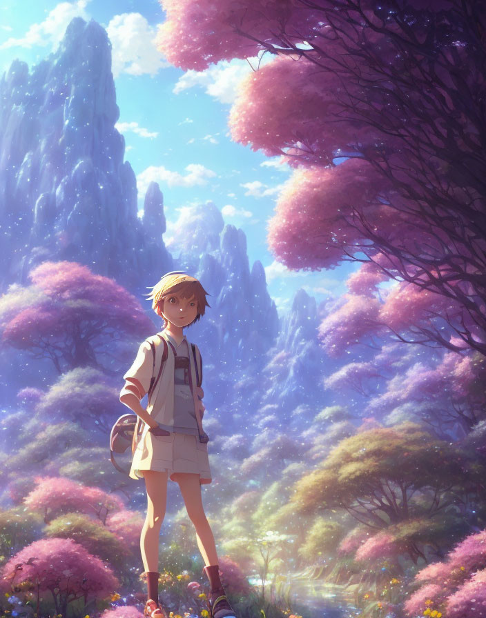 Animated character on path surrounded by pink blossoming trees under sunny sky