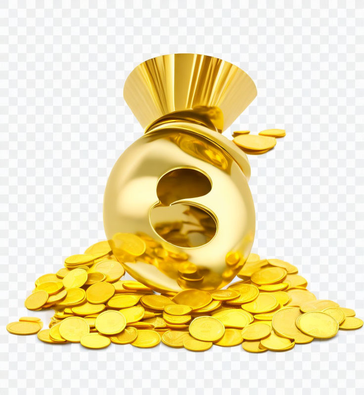 Golden piggy bank with yen symbol and spilled coins on transparent background