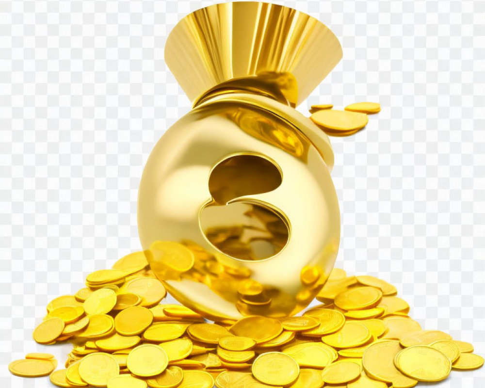 Golden piggy bank with yen symbol and spilled coins on transparent background