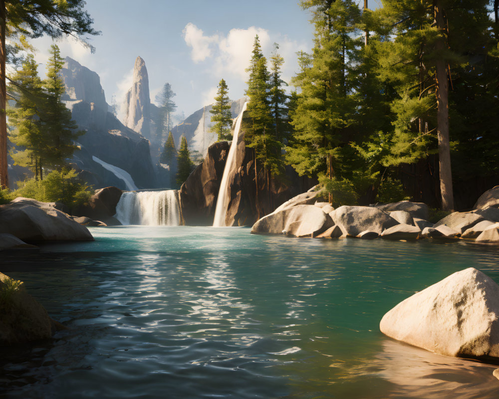 Tranquil landscape with blue lake, waterfall, rocks, pine trees, and mountains