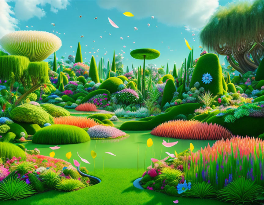 Colorful Fantasy Landscape with Whimsical Trees and Serene Pond